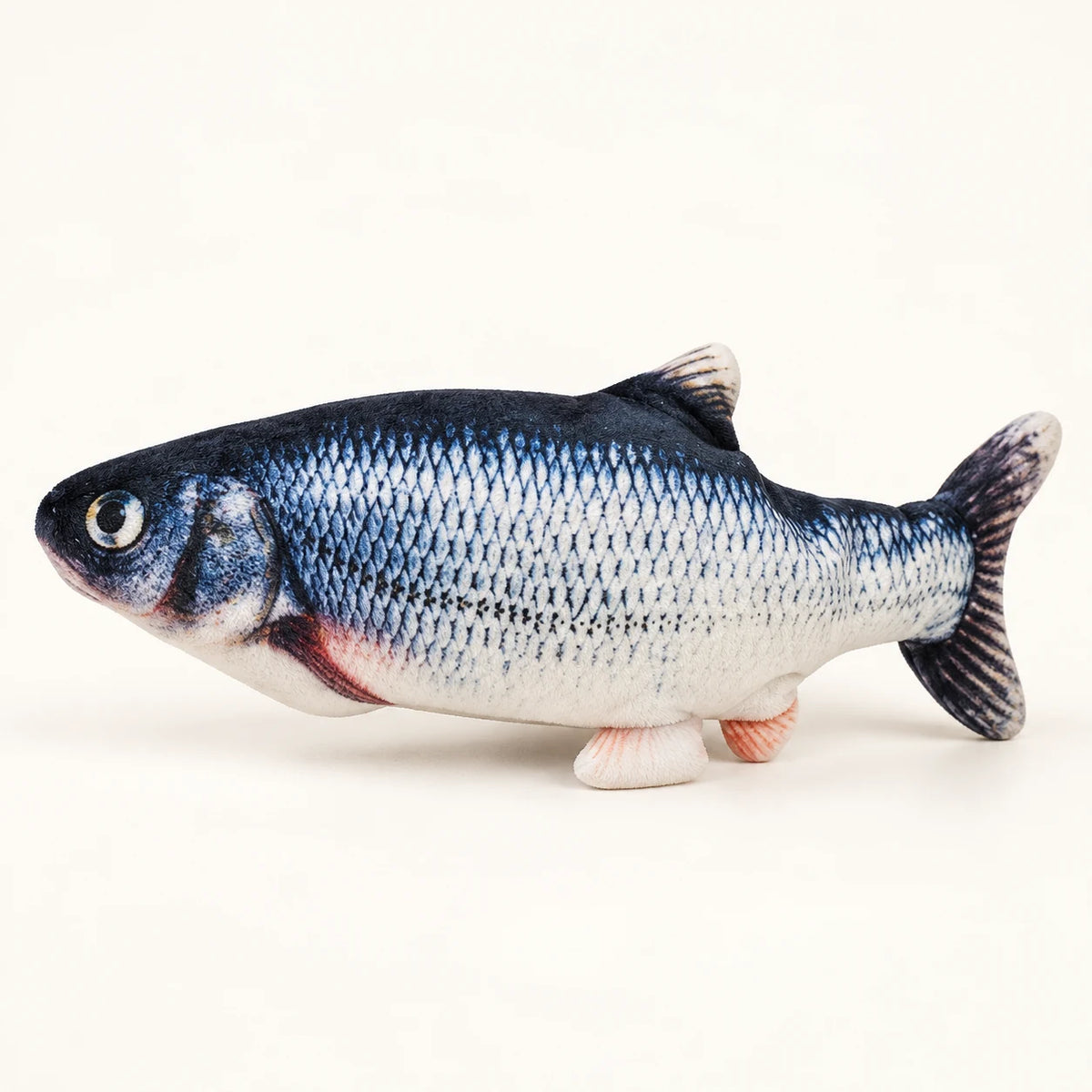 FinFlip Blue Fish plush cat toy with blue-gray printed scales.