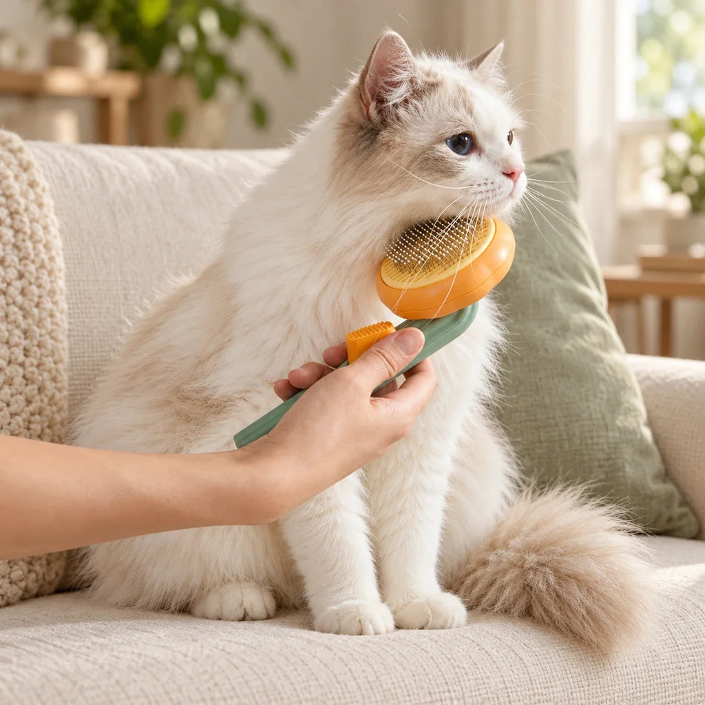SoftSweep brush with an orange head and green handle grooming a cream cat.