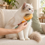 SoftSweep brush with an orange head and green handle grooming a cream cat.