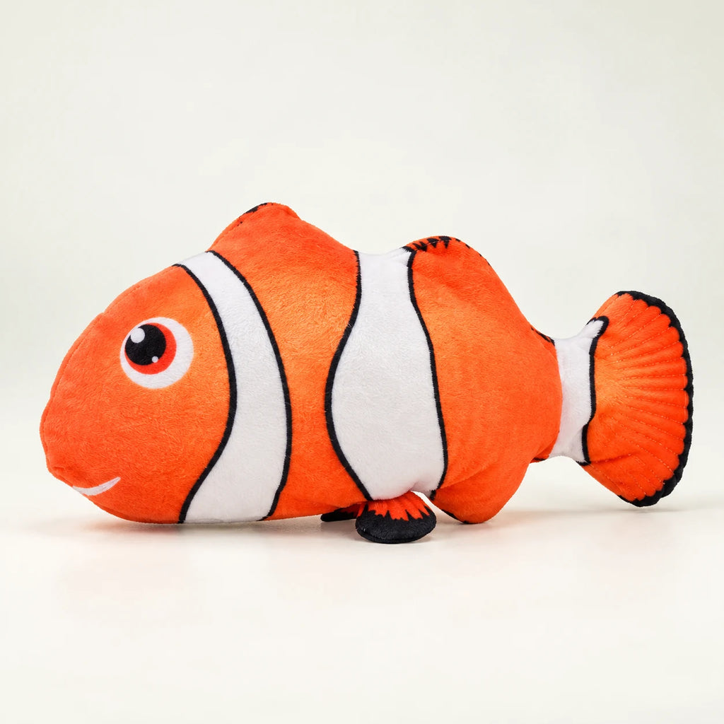 FinFlip Orange Clownfish plush cat toy with orange-and-white stripes.