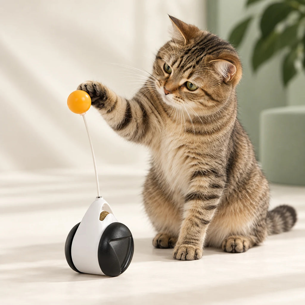 Tabby cat touching the top ball of PawPivot.