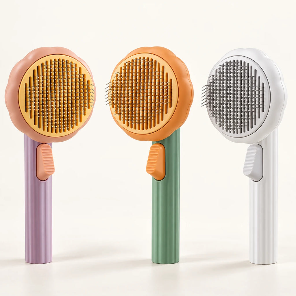 SoftSweep self-cleaning grooming brushes in purple, green and white.