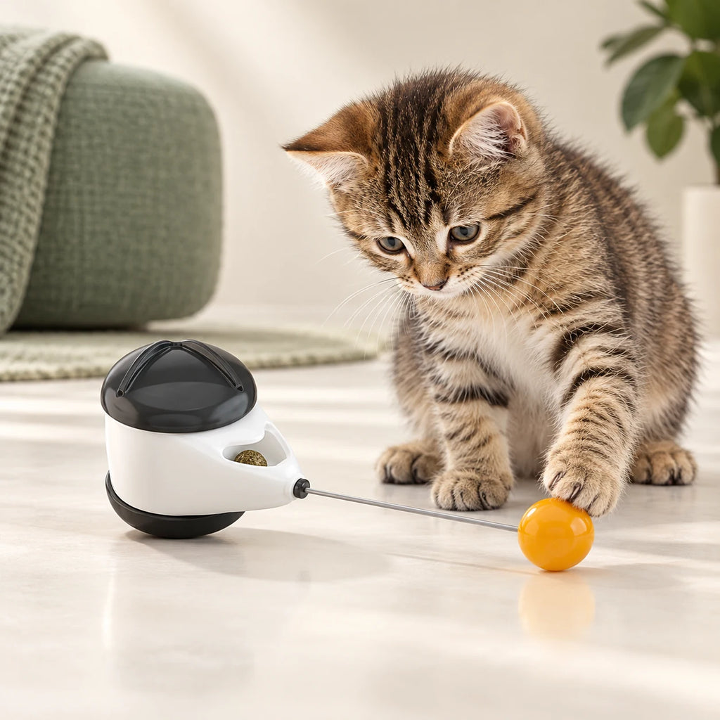 PawPivot resting sideways while a cat touches its ball.