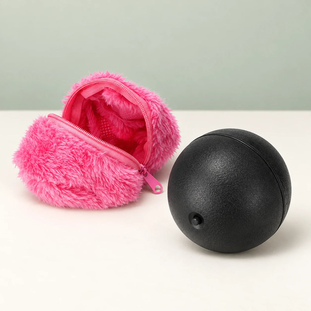 RoamRoll black roller core beside its open pink cloth cover.