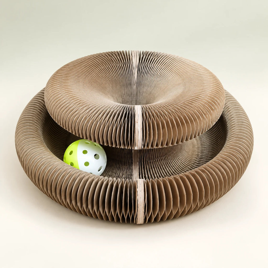 CurlNest scratching board in its alternate double-ring fold with one play ball.