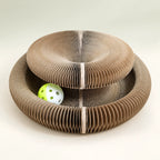 CurlNest scratching board in its alternate double-ring fold with one play ball.