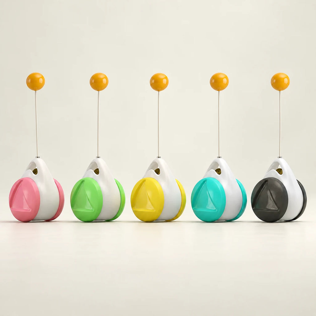 PawPivot balance toys in pink, green, yellow, blue and black.