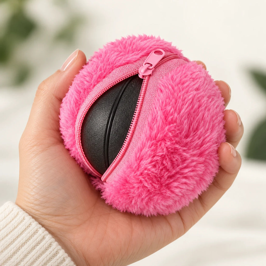 RoamRoll pink cover unzipped around the black ball, held in an adult hand.