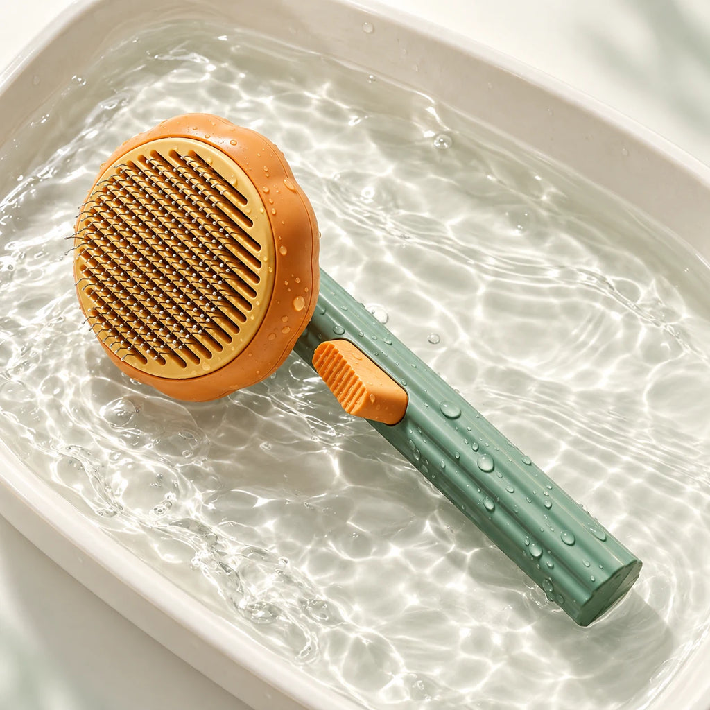 SoftSweep green grooming brush with water droplets in a shallow wash tray.