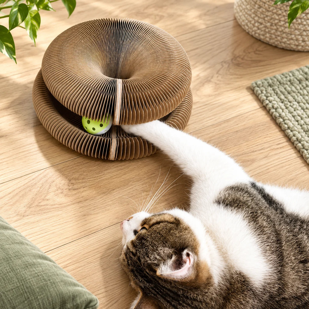 Tabby-and-white cat reaching for the ball inside CurlNest.