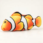 FinFlip Yellow Clownfish plush cat toy with yellow-orange fins and white bands.